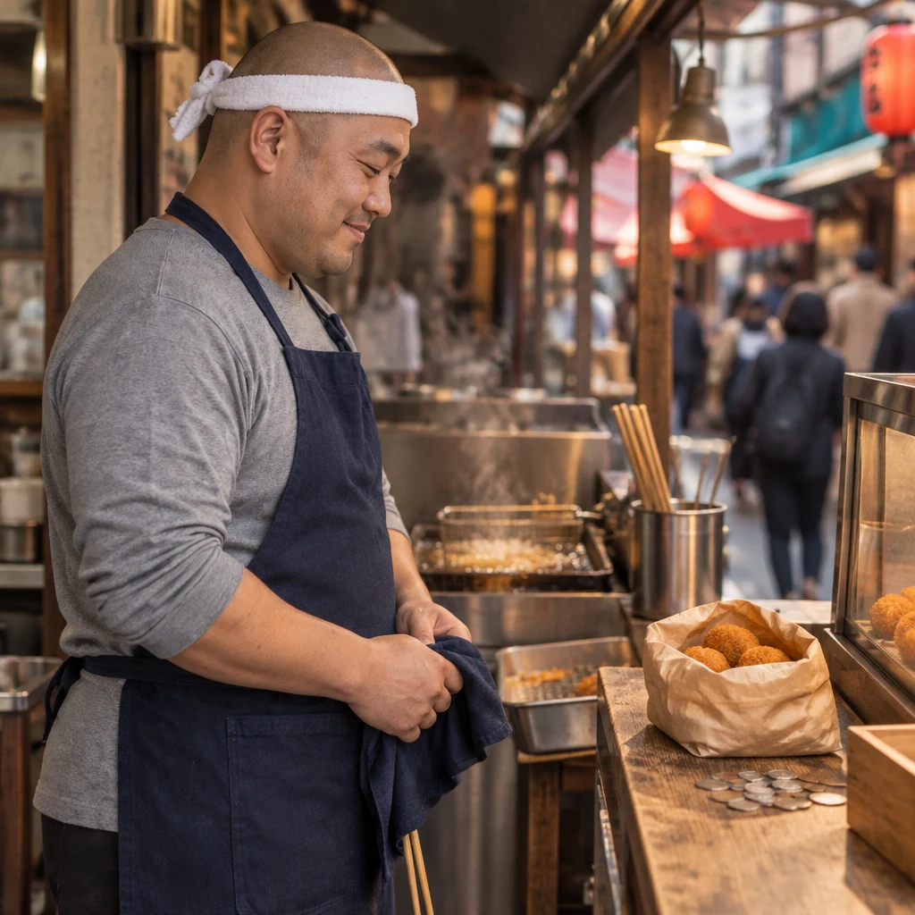 Kenta wipes his hands on his apron while looking toward the croquettes with a heavy, wishful posture.