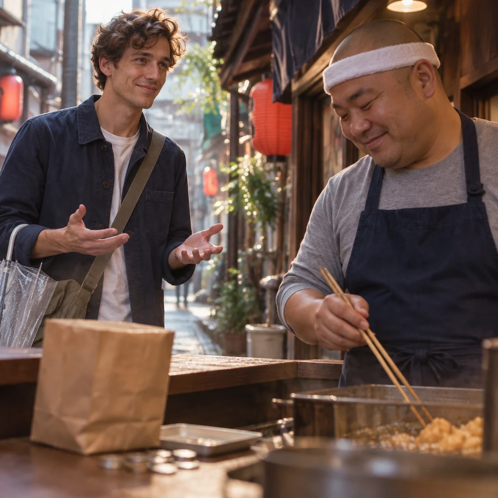 Leo opens his hands toward Kenta in a gentle offer of comfort across the counter.
