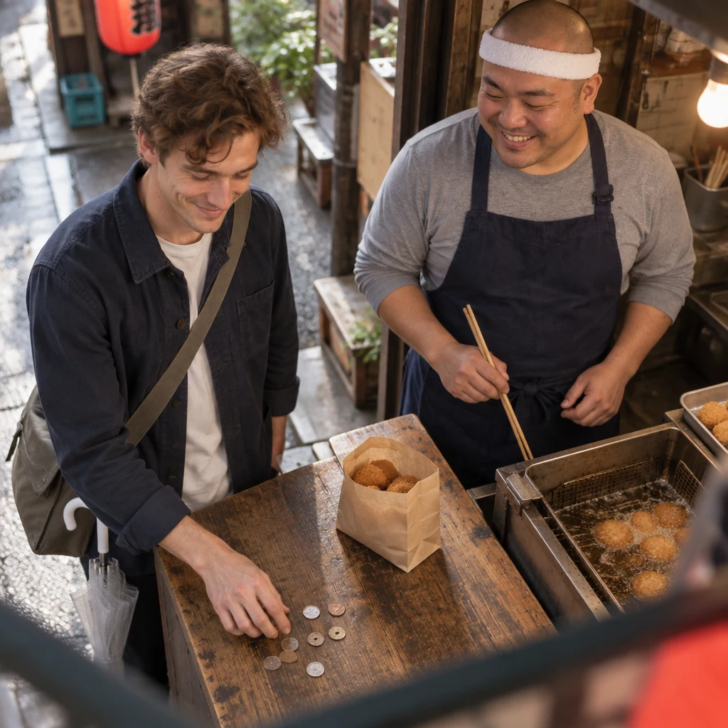Leo reaches toward the spilled coins as Kenta stays beside the fryer.