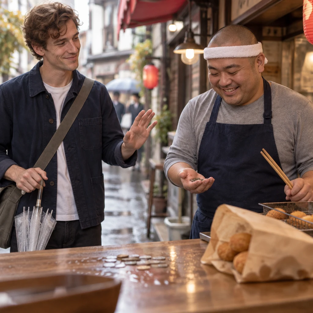 Coins fill the foreground as Leo raises a gentle hand toward Kenta, who looks down at the change.