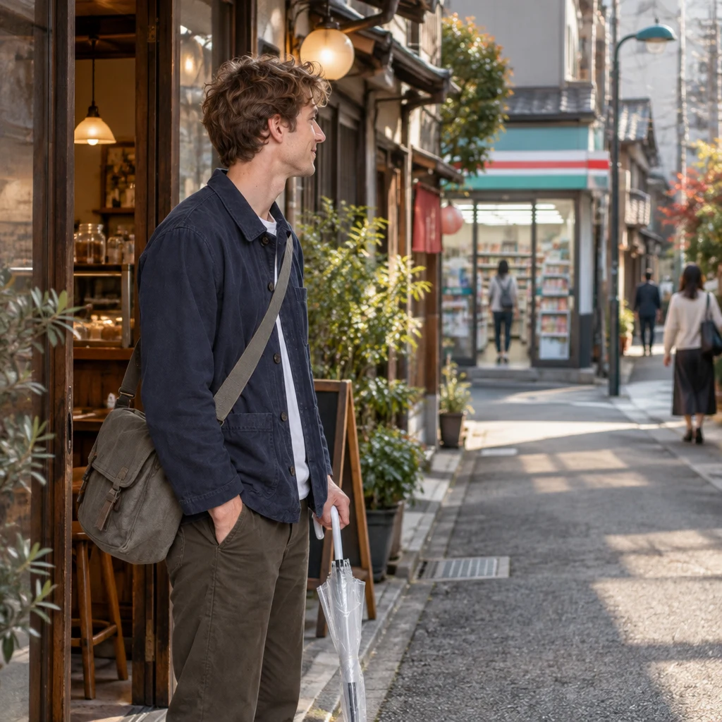 Leo stands outside the café and looks toward a convenience store on the Yanaka lane.