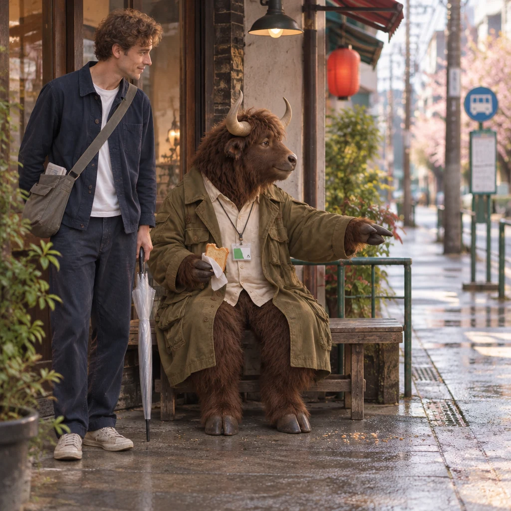 Goro points toward an empty corner as Leo turns to look that way.