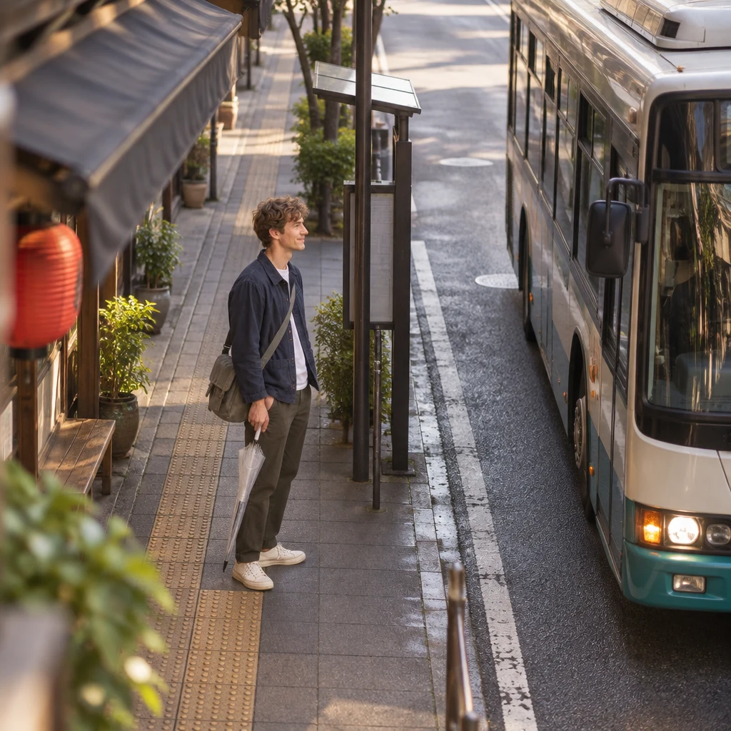 A bus pulls in as Leo waits beside the stop and looks toward it.