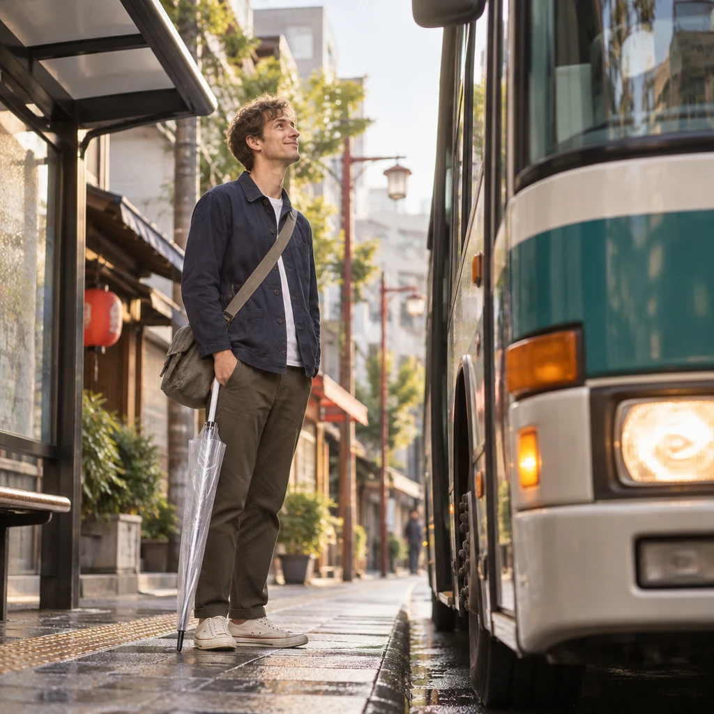 Leo stands by the bus's front corner and looks up toward the driver’s cab.