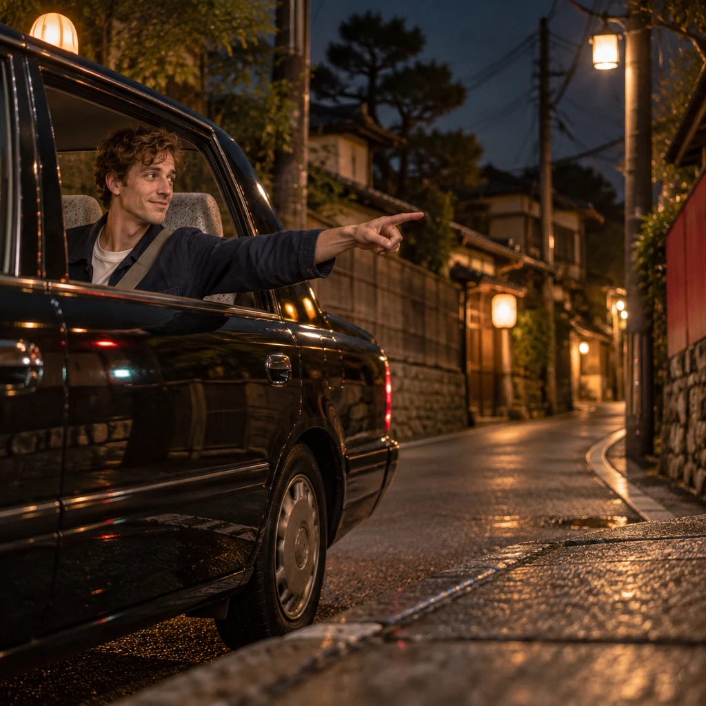 Leo points toward a new direction as the taxi travels along a quiet Yanaka lane.