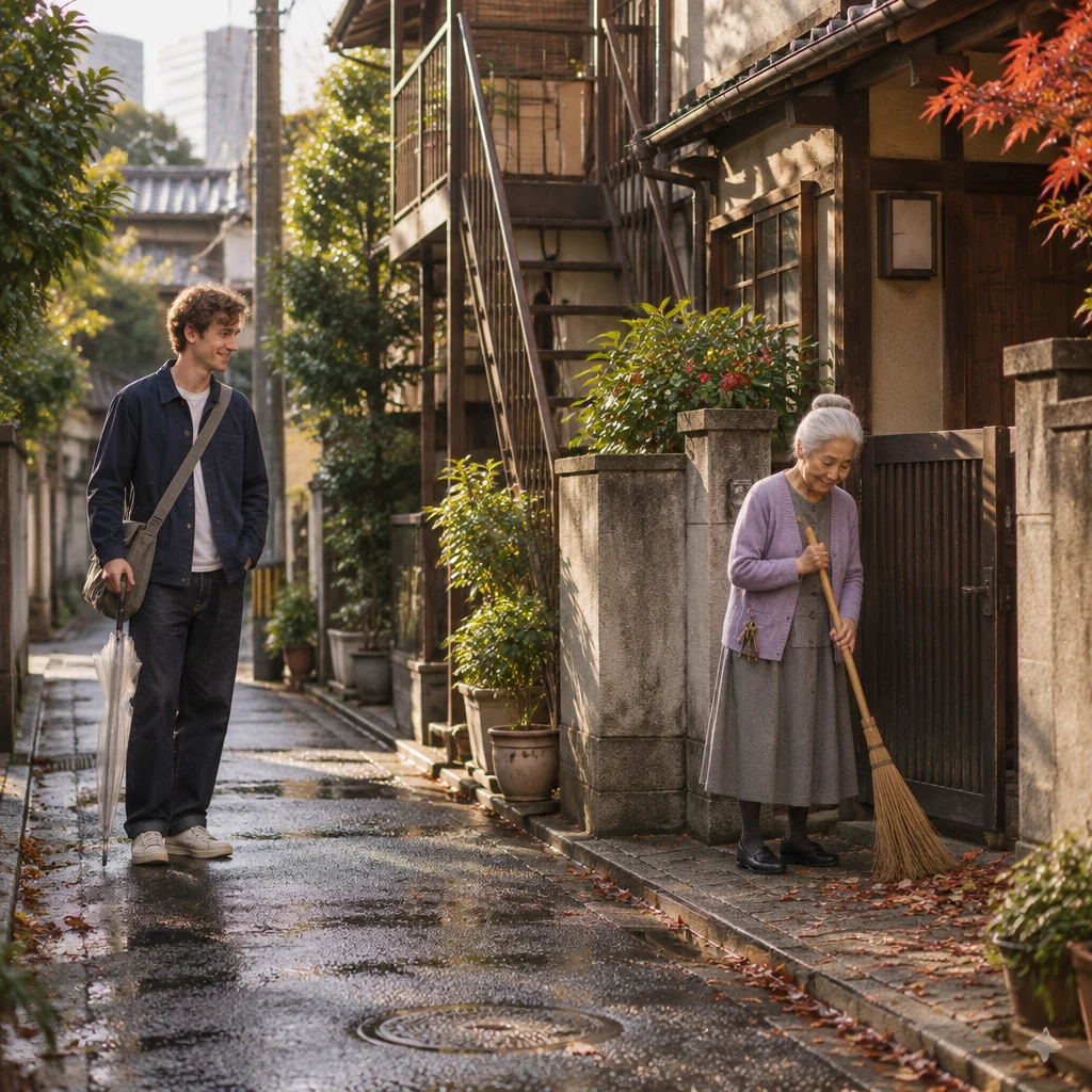 Leo pauses at Ono-san’s gate while Ono-san sweeps beside the old building.