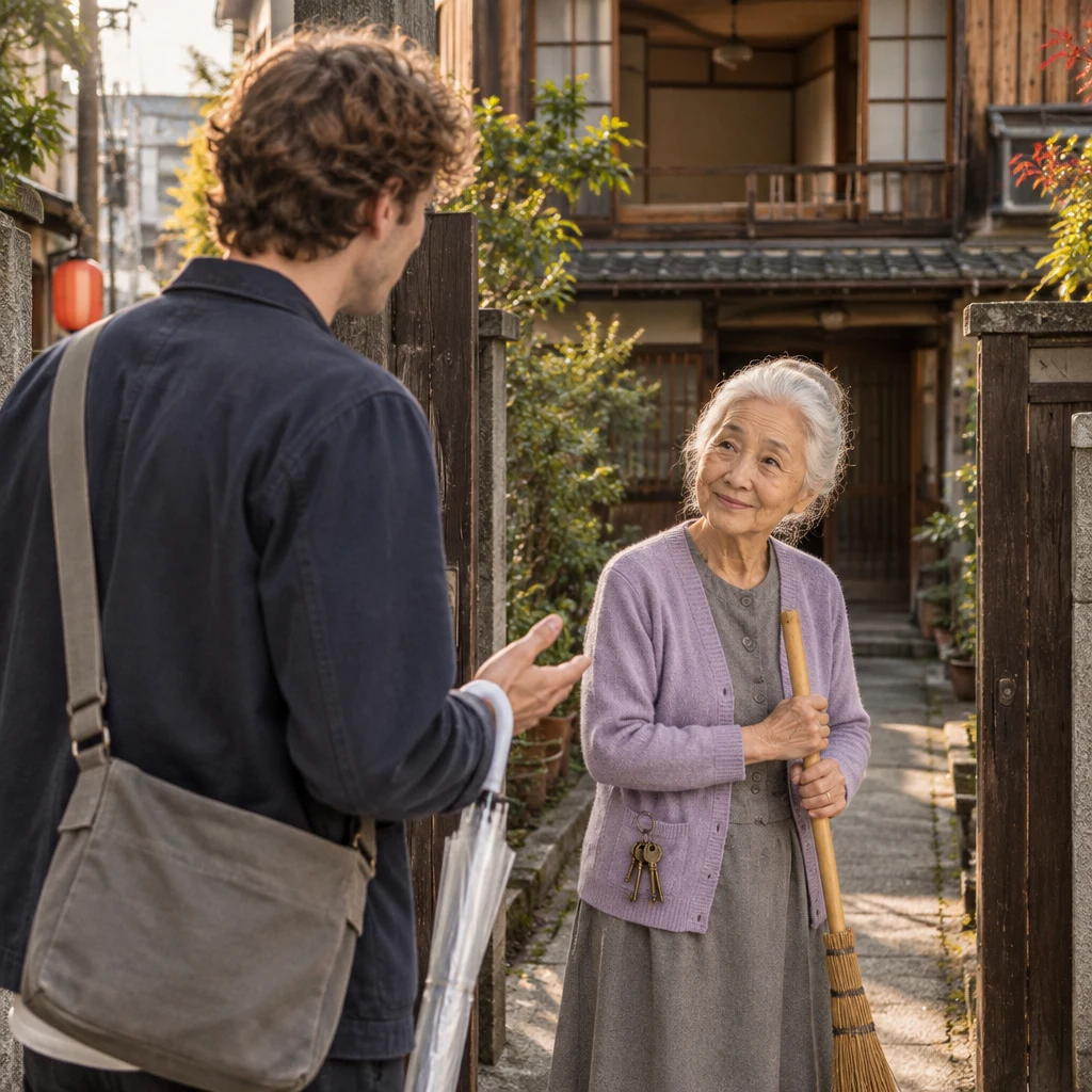 Leo asks Ono-san whether the upstairs apartment is still available.