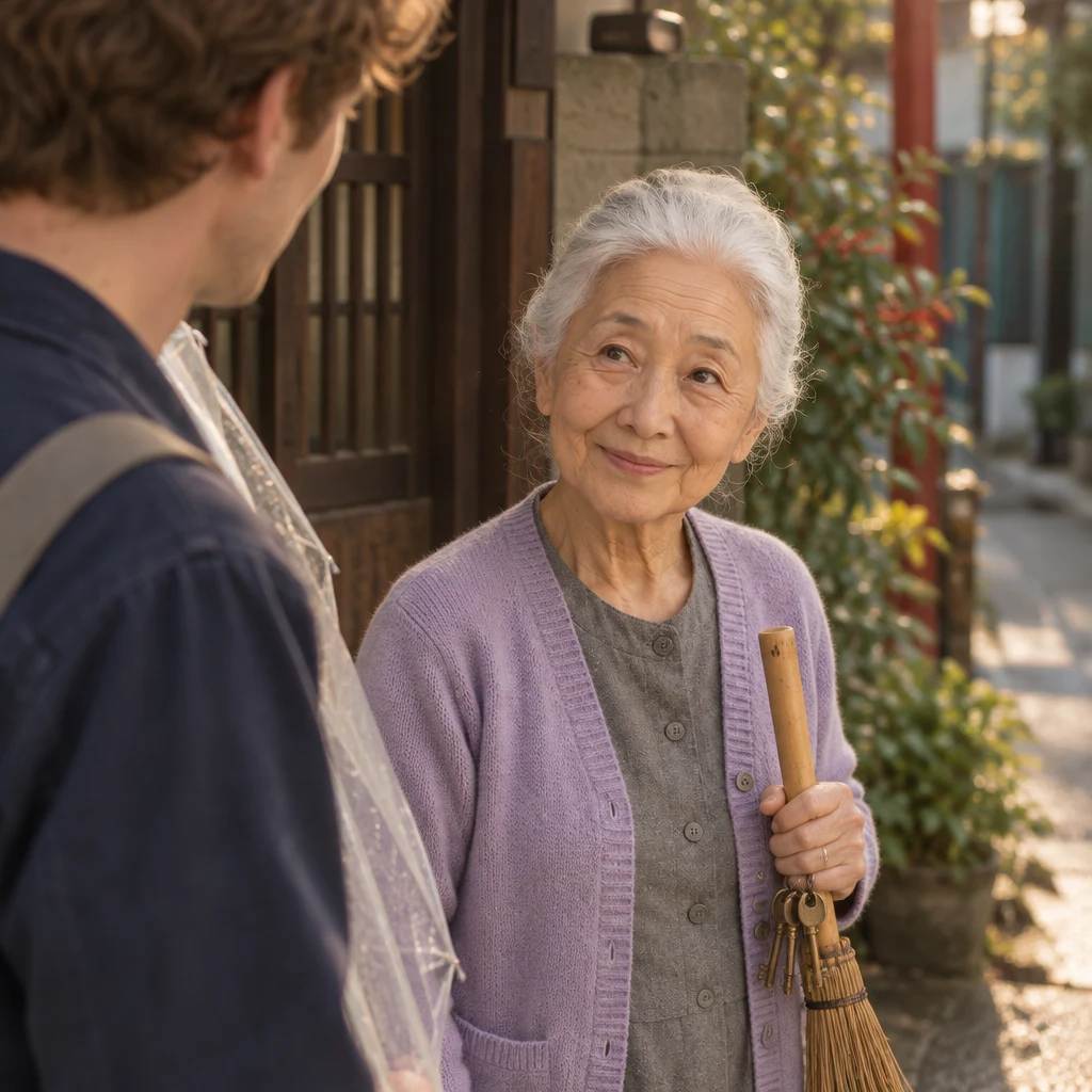 Leo asks about the security deposit while Ono-san holds her keys and broom.