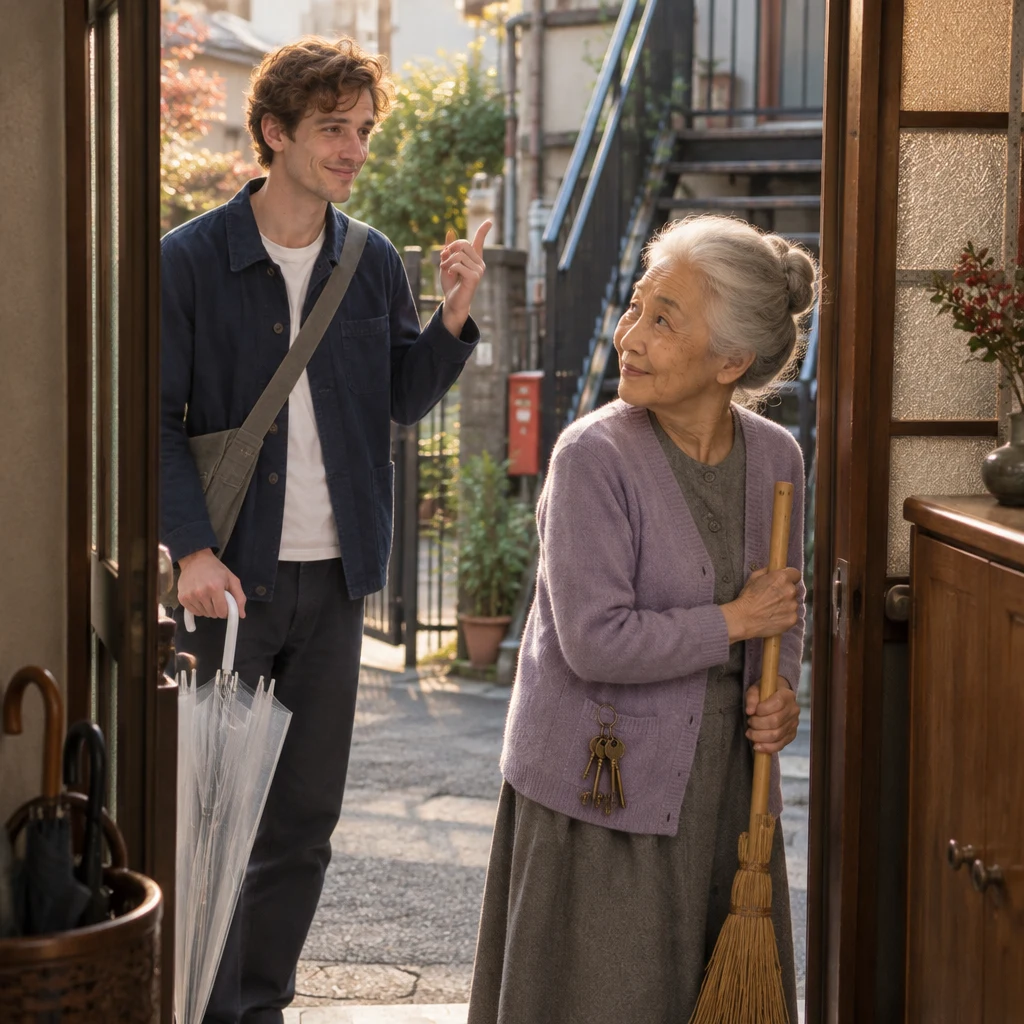 Leo asks when he can come see the apartment as Ono-san looks back from the threshold.