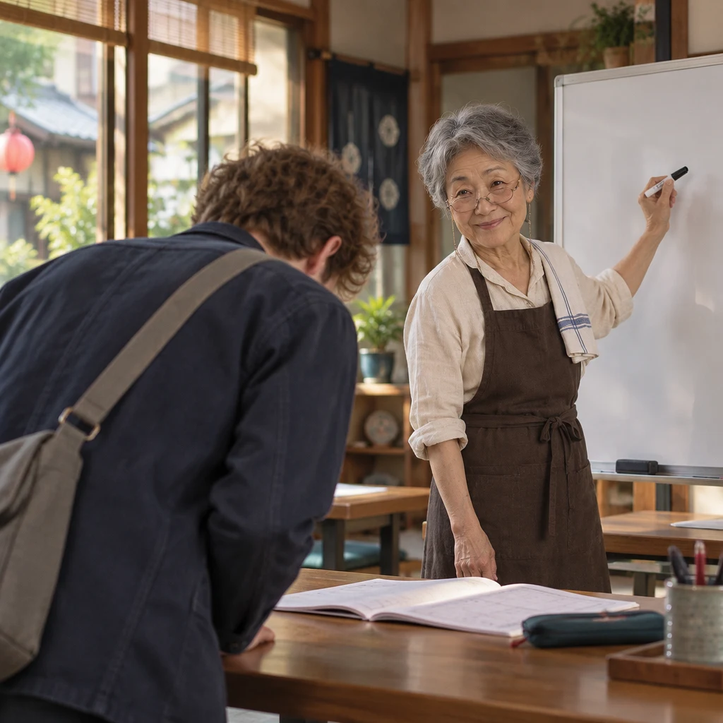 Leo bows too deeply while Masako begins explaining the lesson with her marker.