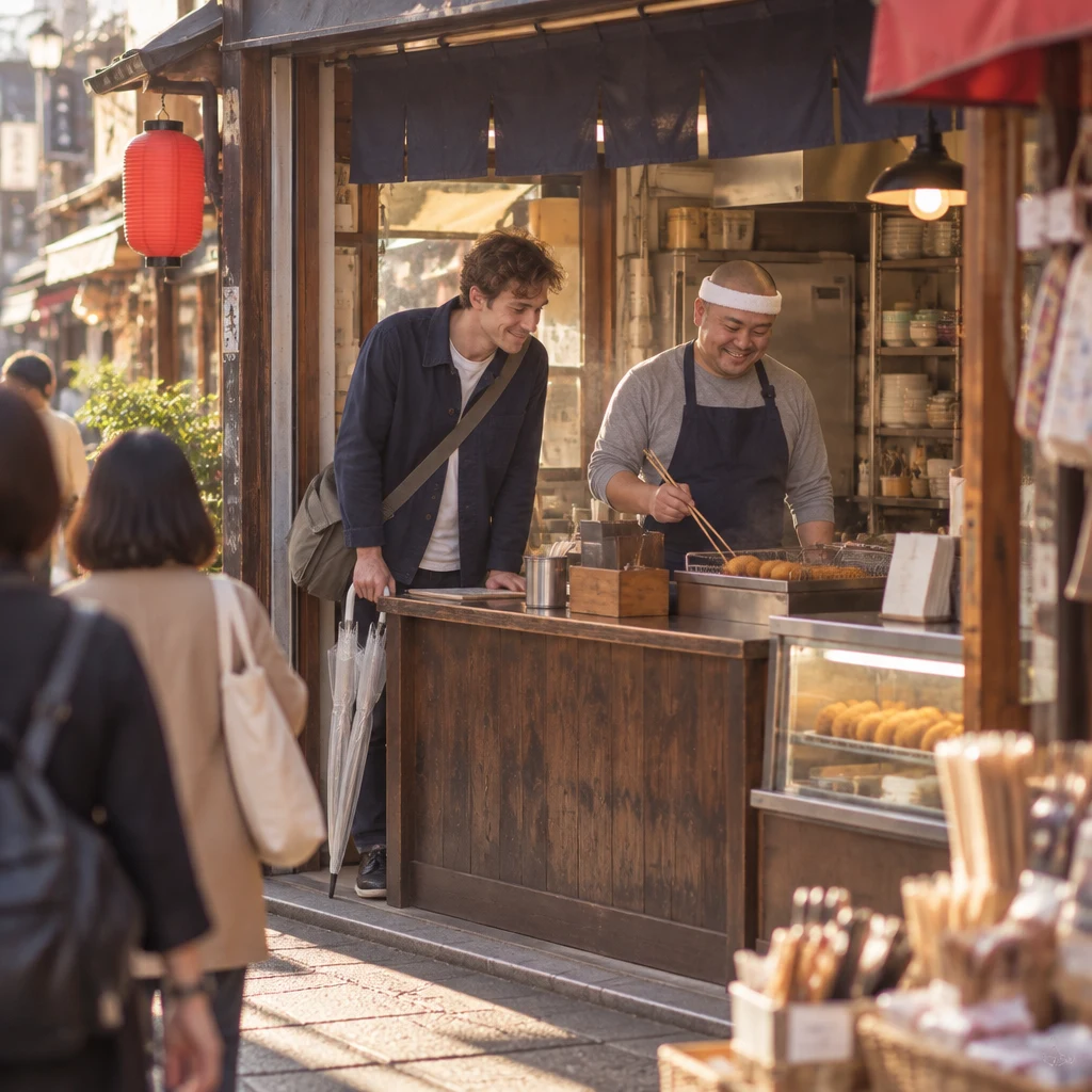 Leo leans toward the fryer while Kenta watches from behind the counter.