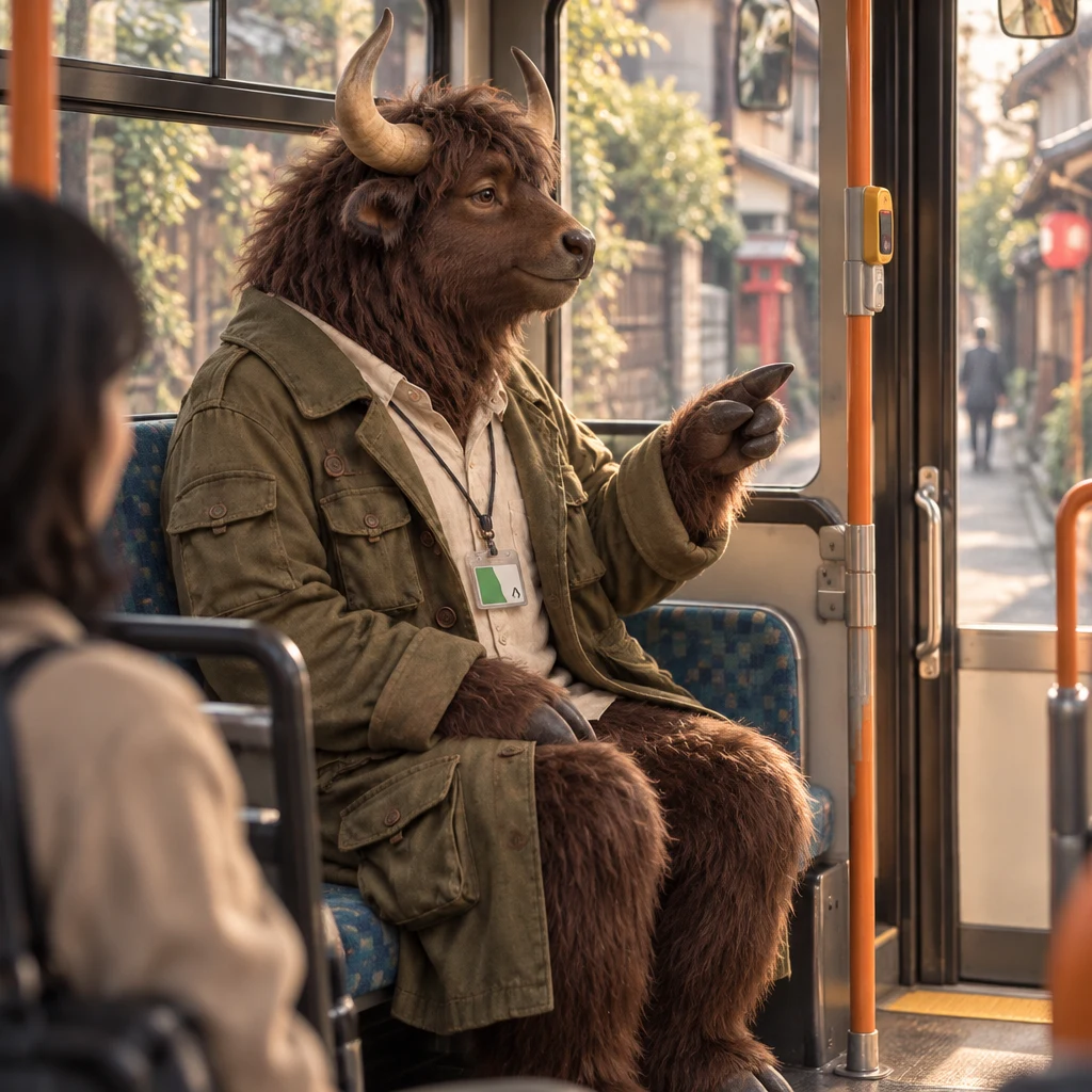 Goro remains seated across two seats near the door and gestures toward the front as he plans to leave at the next stop.