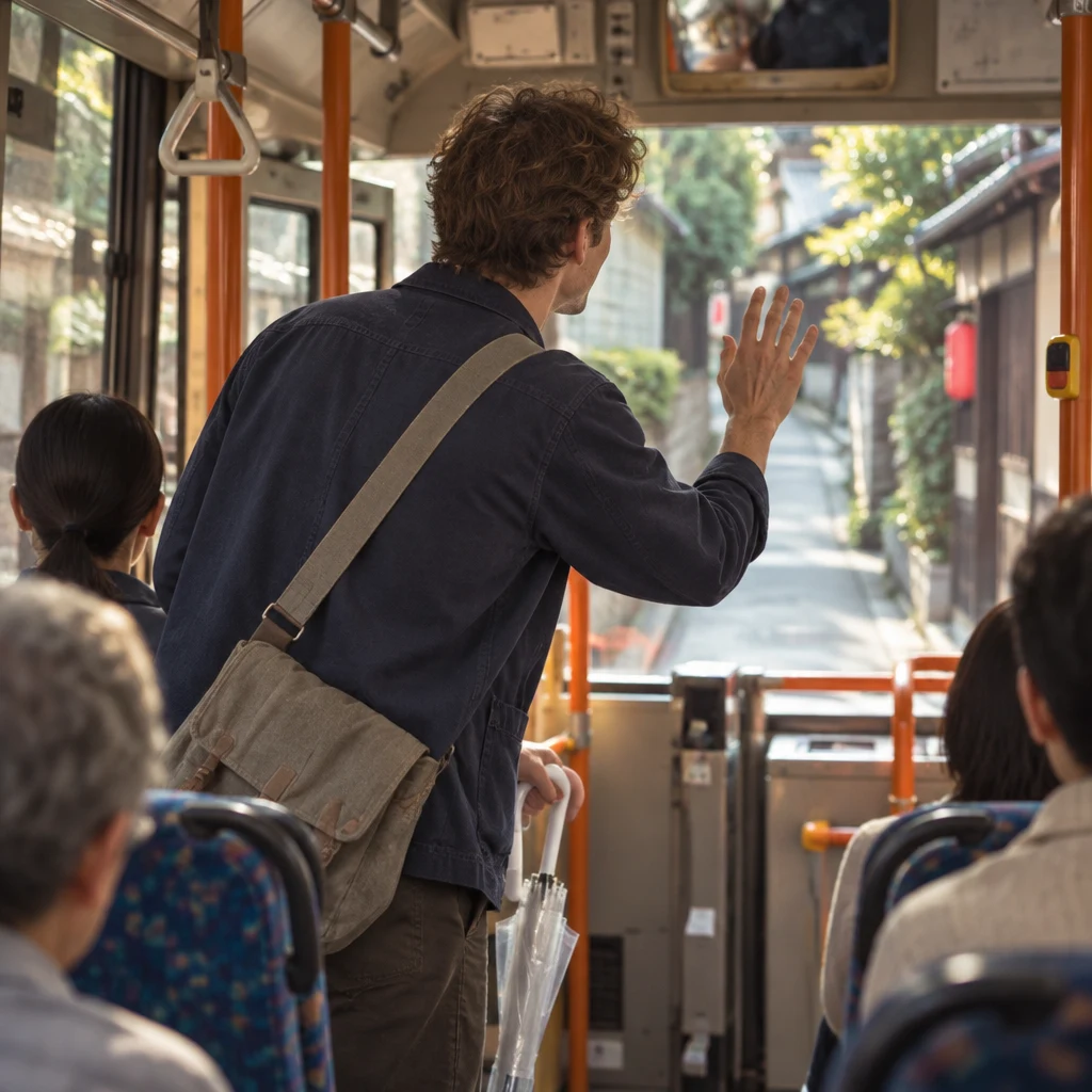 Leo leans toward the front of the bus and raises a hand to request a stop here.