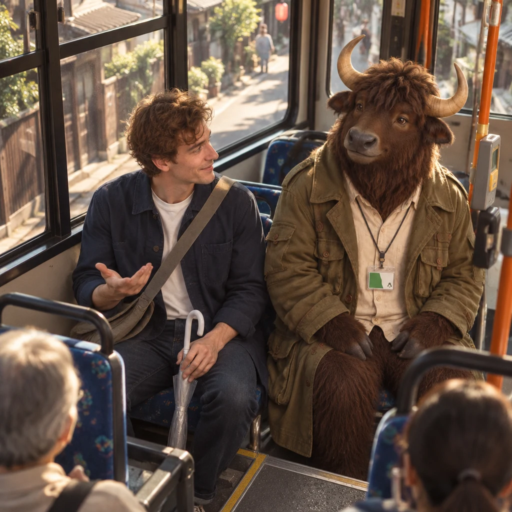 Leo turns toward Goro and the front of the bus to ask what stop is coming next.