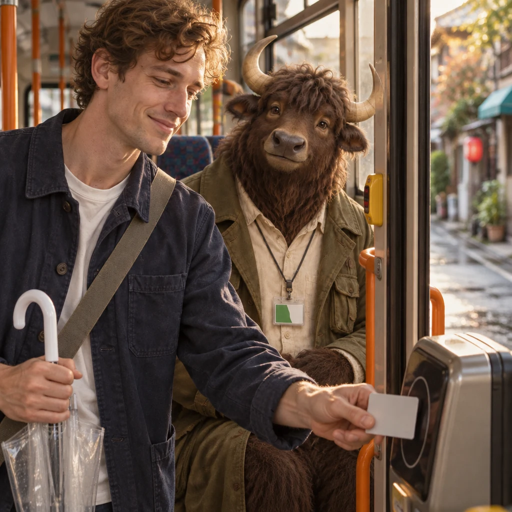 At the stopped bus door, Leo holds his plain transit card near the reader and looks to Goro to check whether he must tap when getting off.