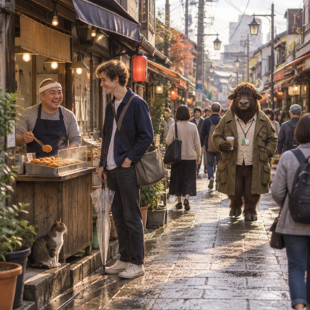 Leo pauses at Kenta’s croquette stand as Goro approaches down the busy lane.