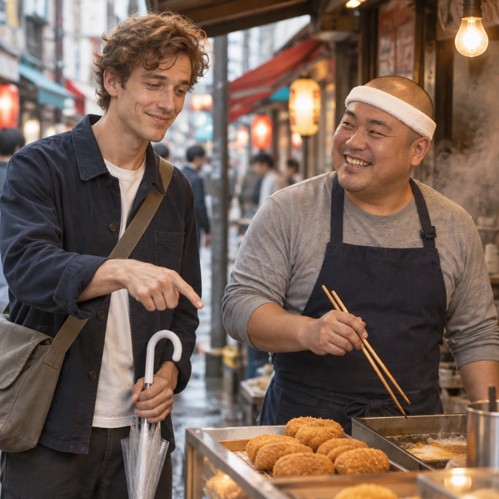 Leo gestures toward the croquettes while Kenta listens beside the fryer.