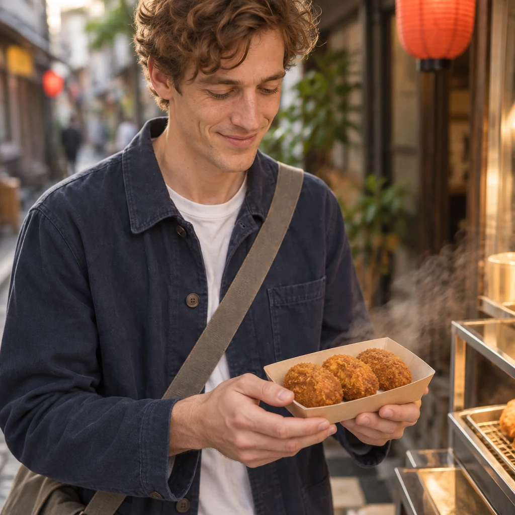 Leo holds a paper tray of croquettes, taking in the food for the first time.