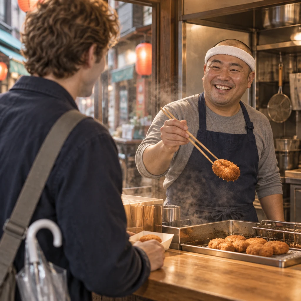 Kenta gestures toward the croquettes as Leo listens and begins to understand.
