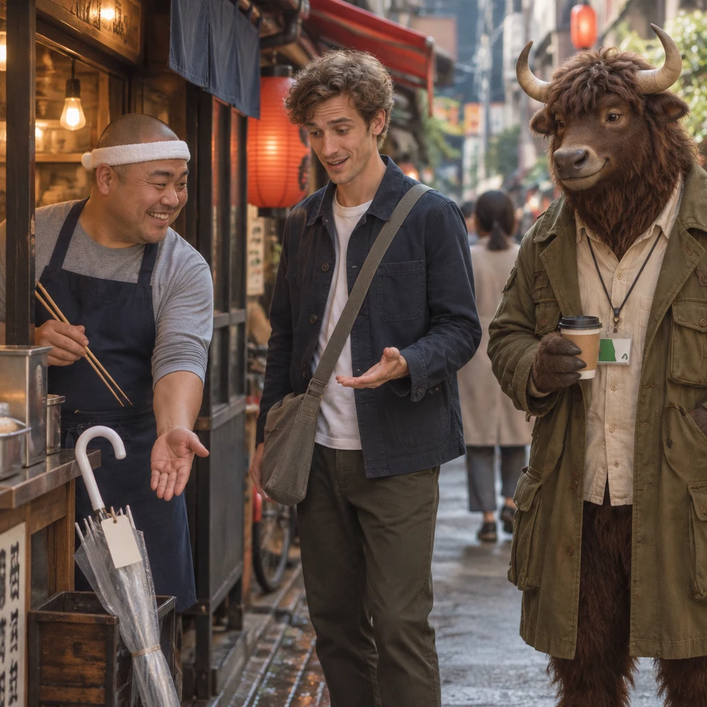 Kenta indicates an umbrella while Leo looks unsure and Goro nods in recognition.
