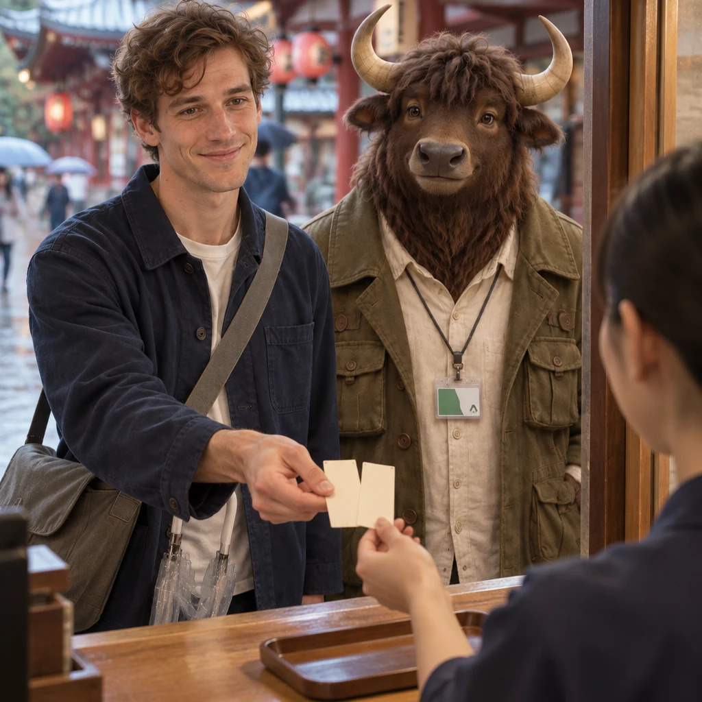 Leo holds out a pair of blank tickets at the counter while Goro waits beside him.