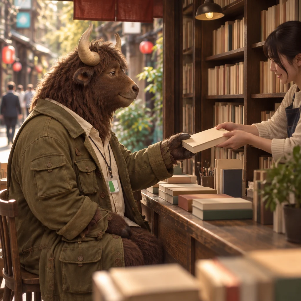 Goro asks for a book at the small stall on Yanaka Ginza.