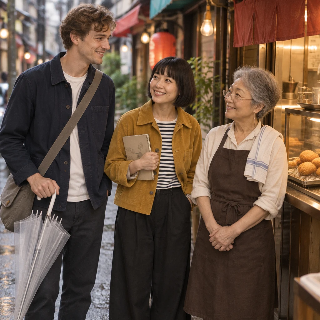 Leo joins Haruka and Masako at Kenta's croquette stand.