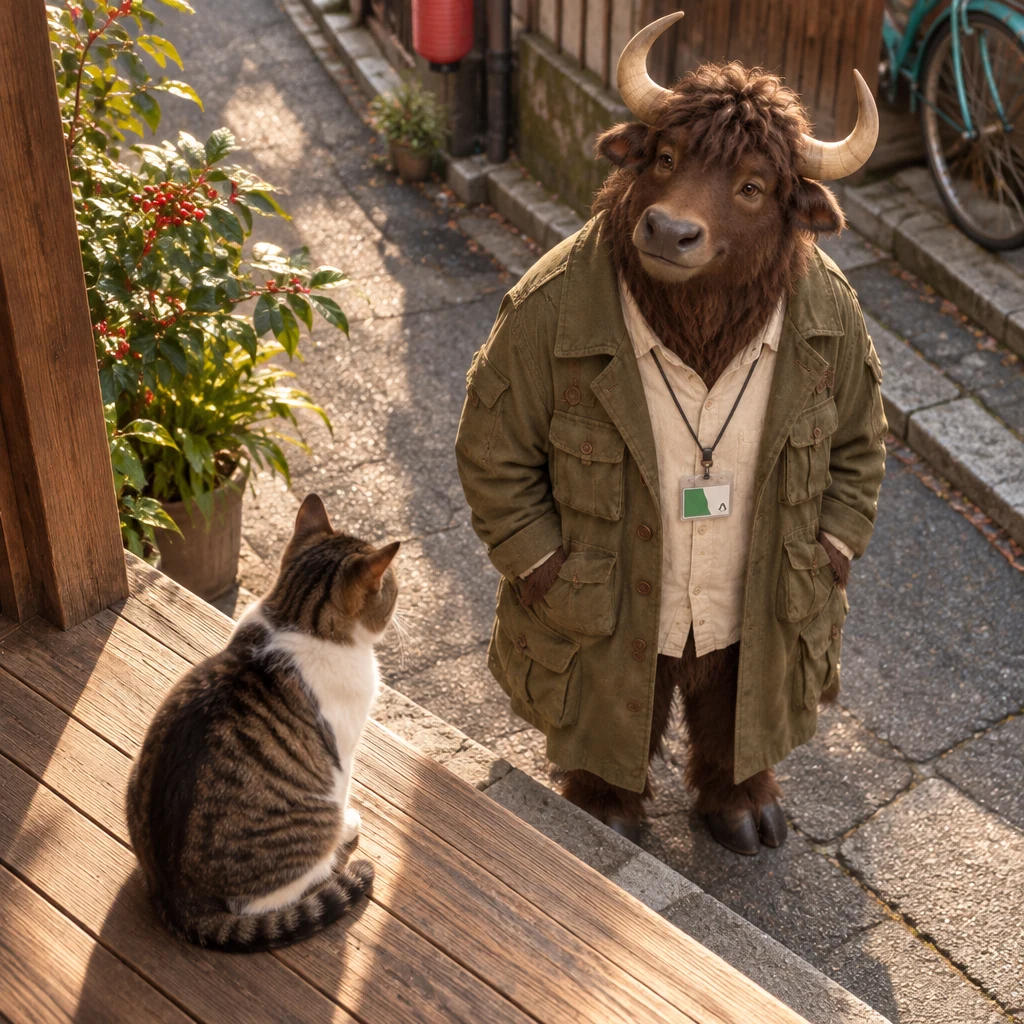 Goro looks down at a cat sitting on a wooden step.