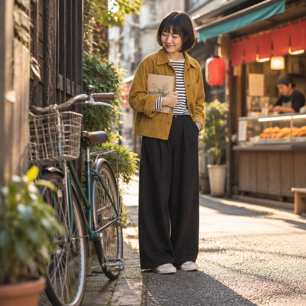 A bicycle leans against the wall beside Haruka.