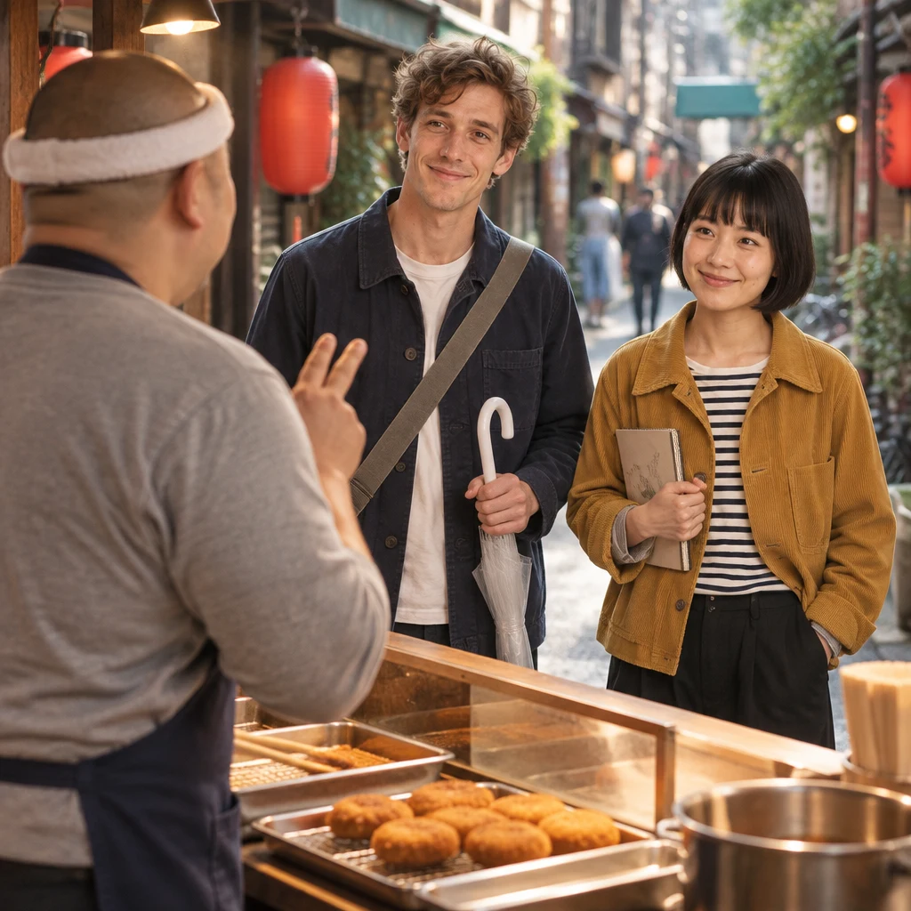 Kenta checks his customers as Leo and Haruka stand across the counter.