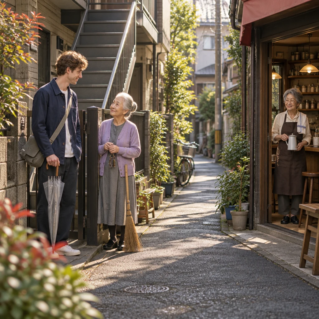 Leo pauses beside the apartment staircase while Ono-san waits at the gate and Masako watches from across the lane.