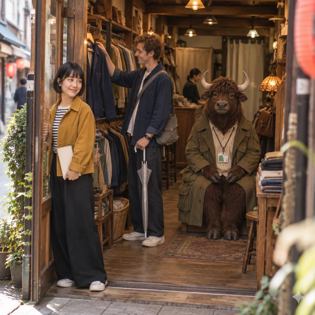 Haruka holds the shop door while Leo studies a navy jacket and Goro occupies the narrow aisle.