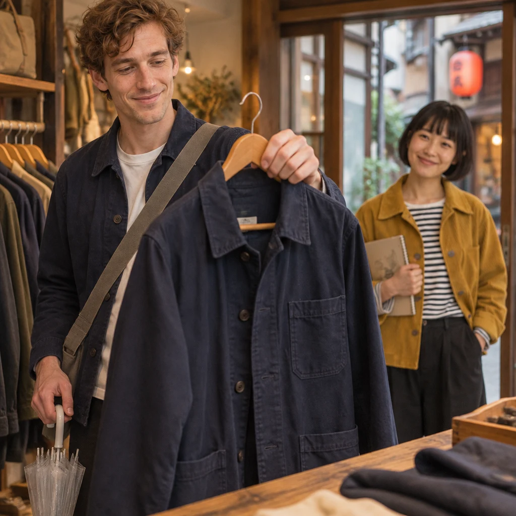 Leo lifts a navy jacket from the rack and holds it toward the shop counter as Haruka watches.