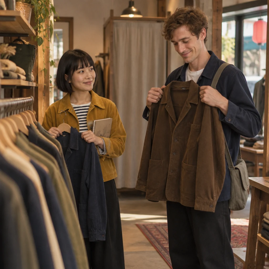Leo holds a brown jacket in front of himself while Haruka offers the navy jacket beside the rack.