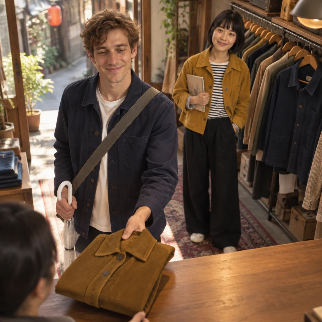 Leo extends the brown jacket toward the counter as Haruka waits beside the rack.