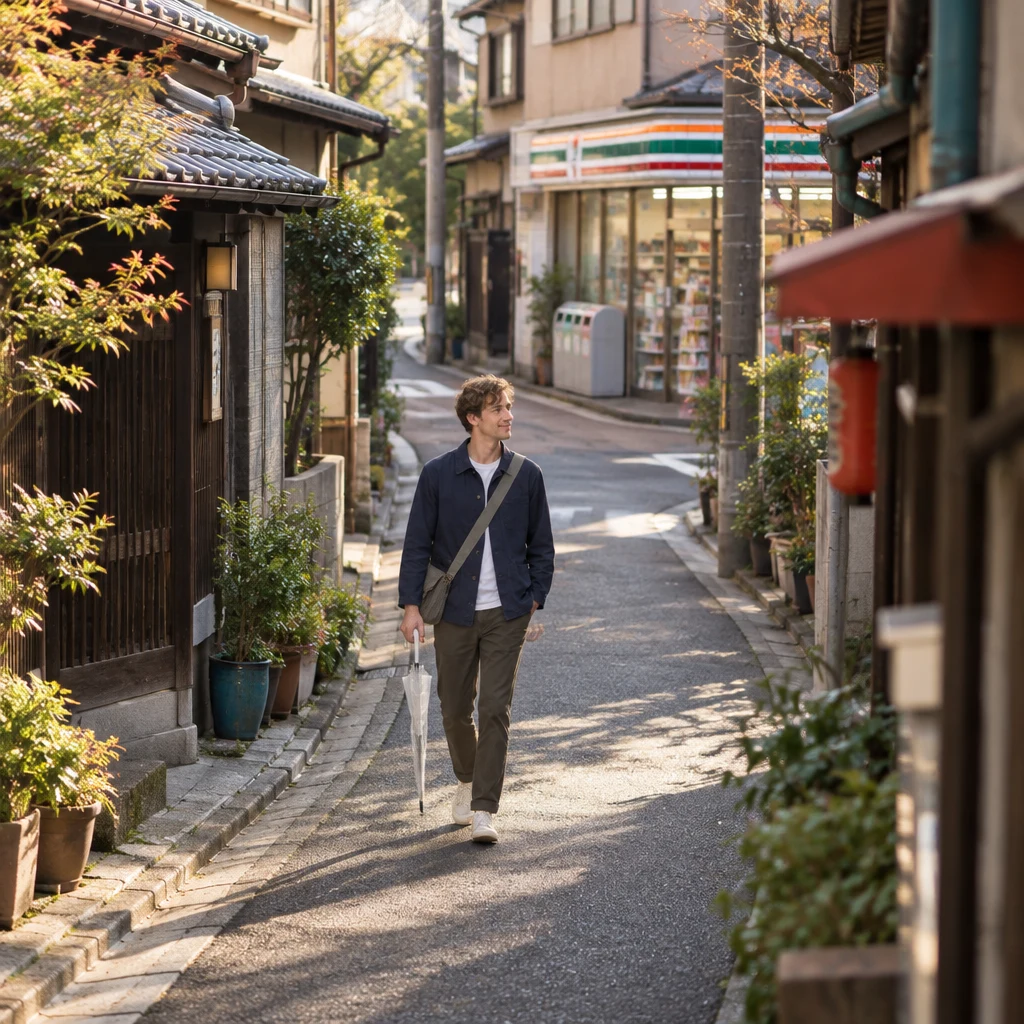Leo walks empty-handed along a Yanaka lane toward a corner convenience store.