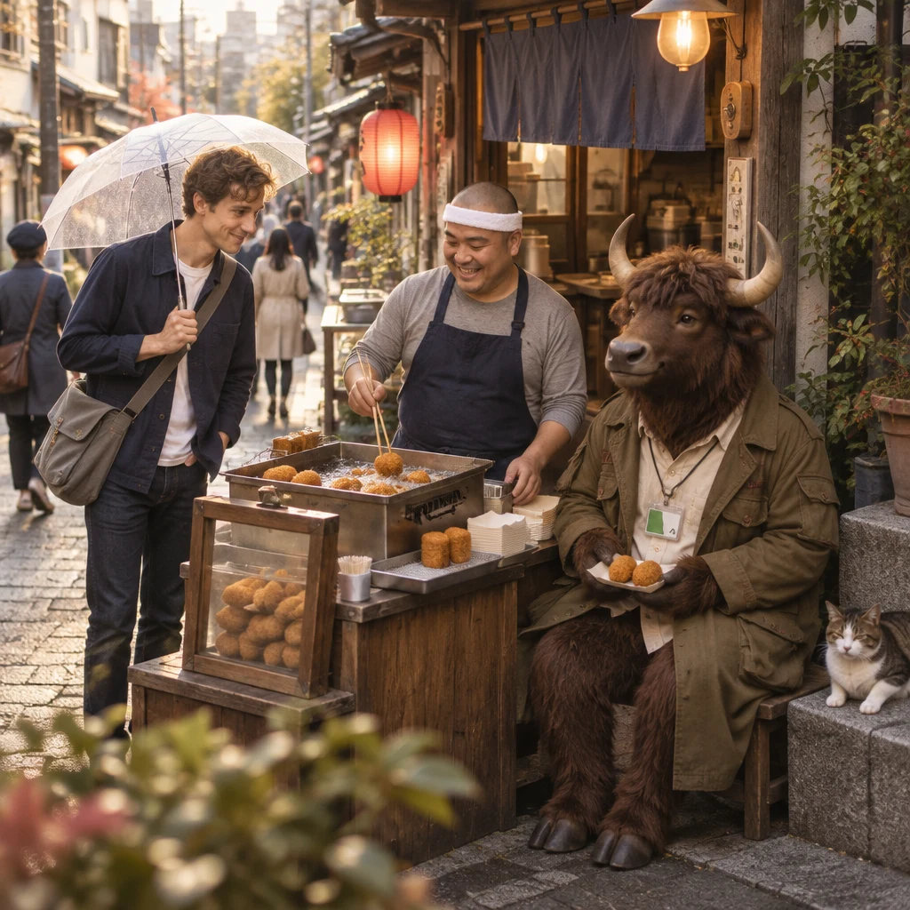 Leo arrives at Kenta's croquette stand while Goro waits with two croquettes and a cat sits on a step.