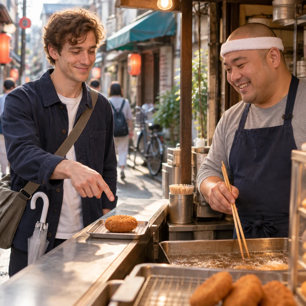Leo requests a croquette from Kenta at the counter.