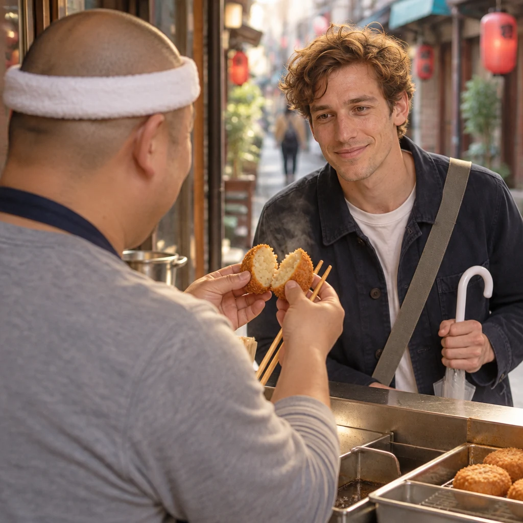 Kenta holds up a croquette so Leo can see its pale potato filling.