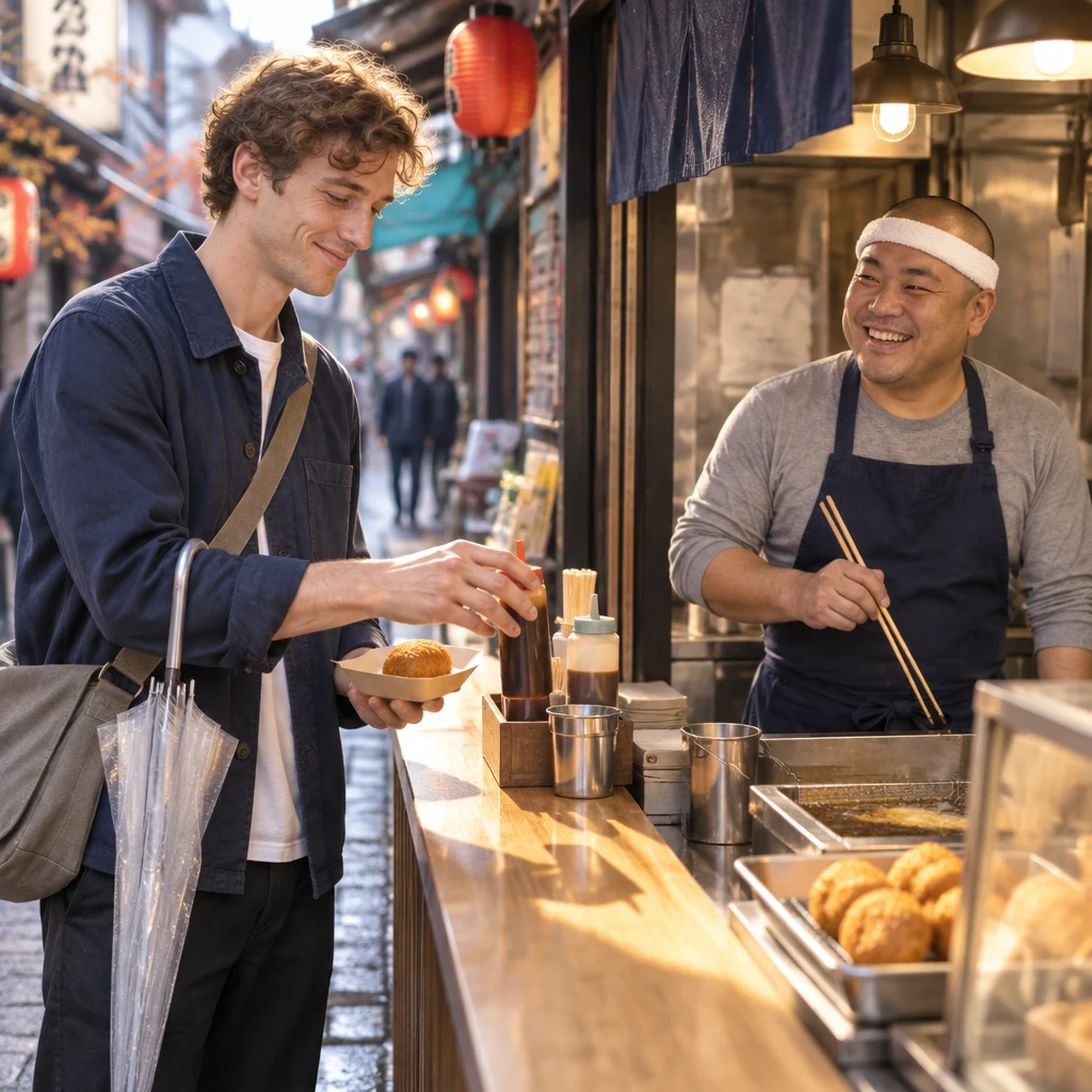 Leo reaches for the sauce bottle beside his croquette.