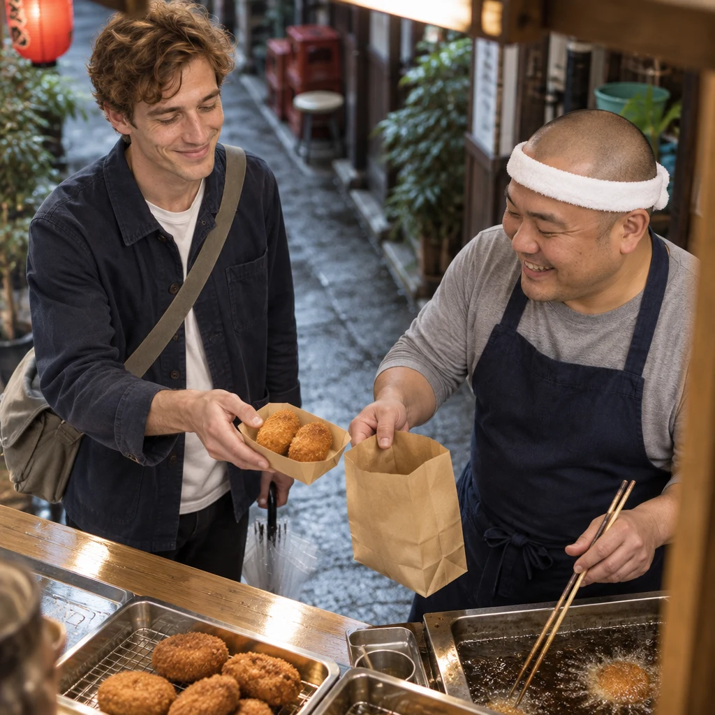 Leo holds out his croquettes as Kenta opens a paper bag to pack them.