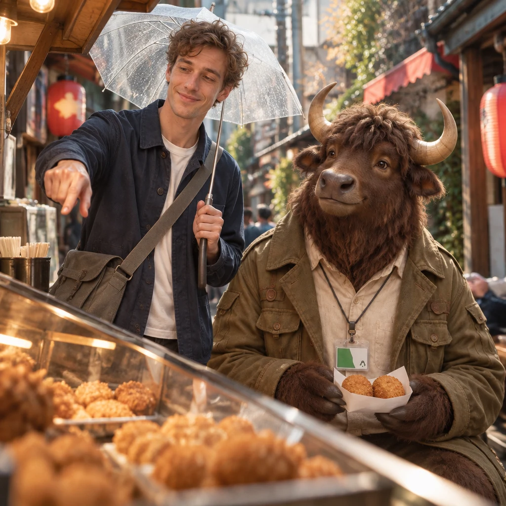 Leo indicates the croquettes in the display while Goro waits with his own two on a paper tray.