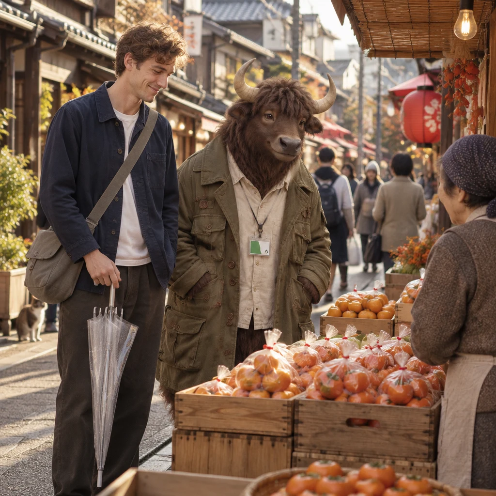 Leo and Goro pause at the busy Yanaka Ginza fruit stall, where bags of persimmons rest on a wooden crate.