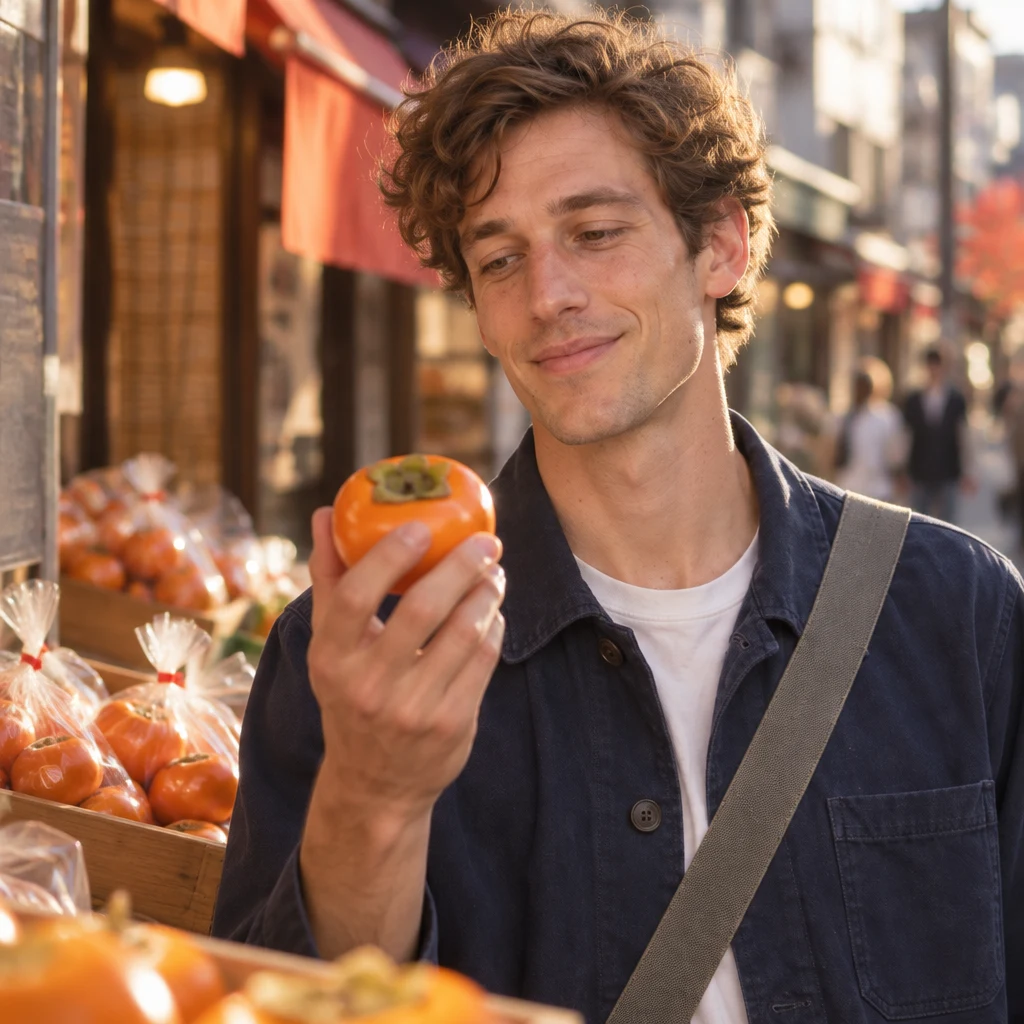 Leo holds a persimmon near his face and considers whether it is sweet.