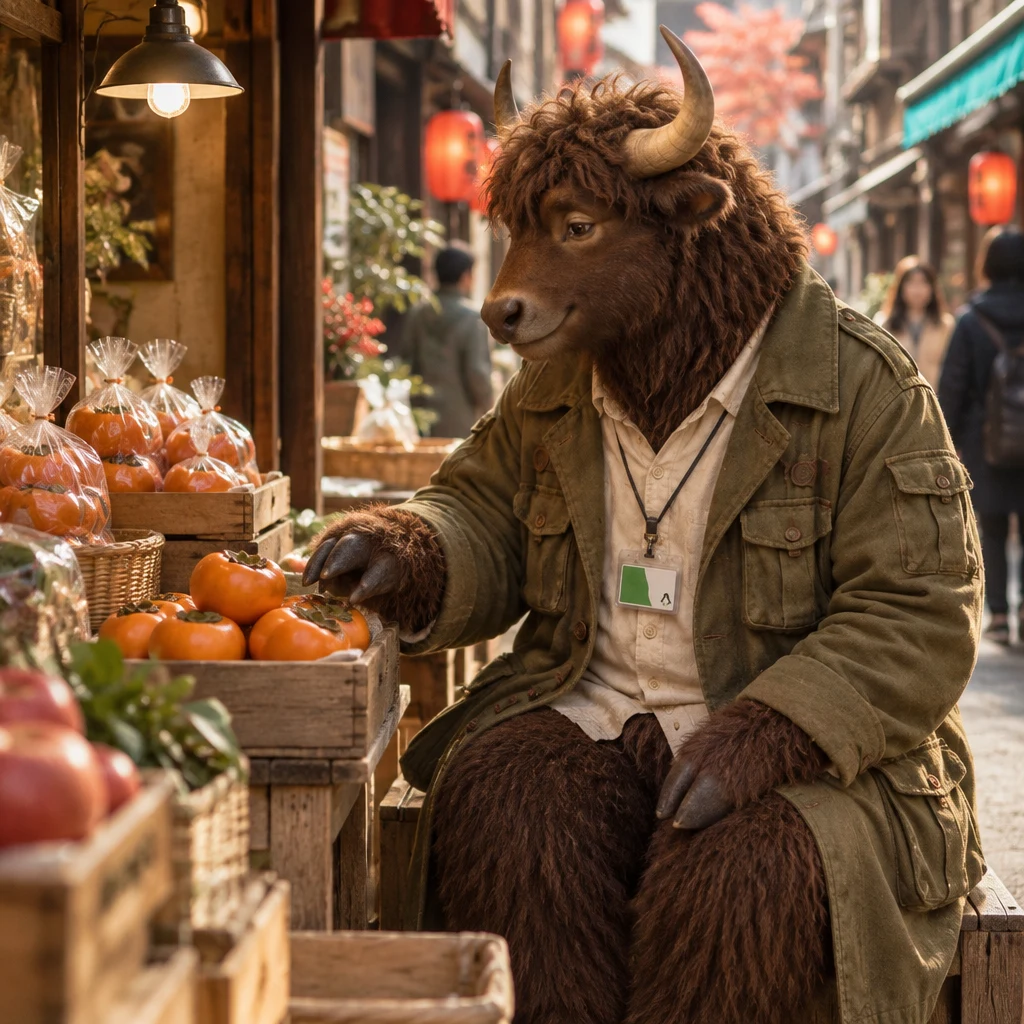 Goro looks toward a few loose persimmons beside the crate, thinking about a little extra.