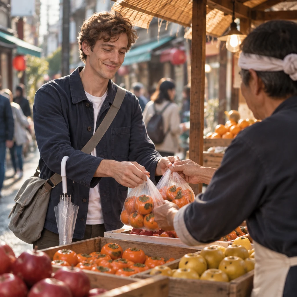 Leo draws a pair of persimmon bags toward himself as the seller passes them across the crate.