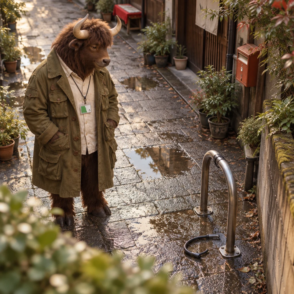 Goro pauses beside an empty bicycle hoop in a quiet Yanaka lane.