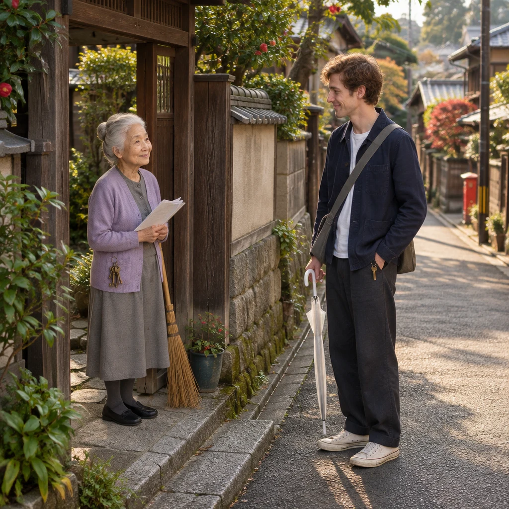 Ono-san and Leo meet at the gate with the renewal papers and keys.