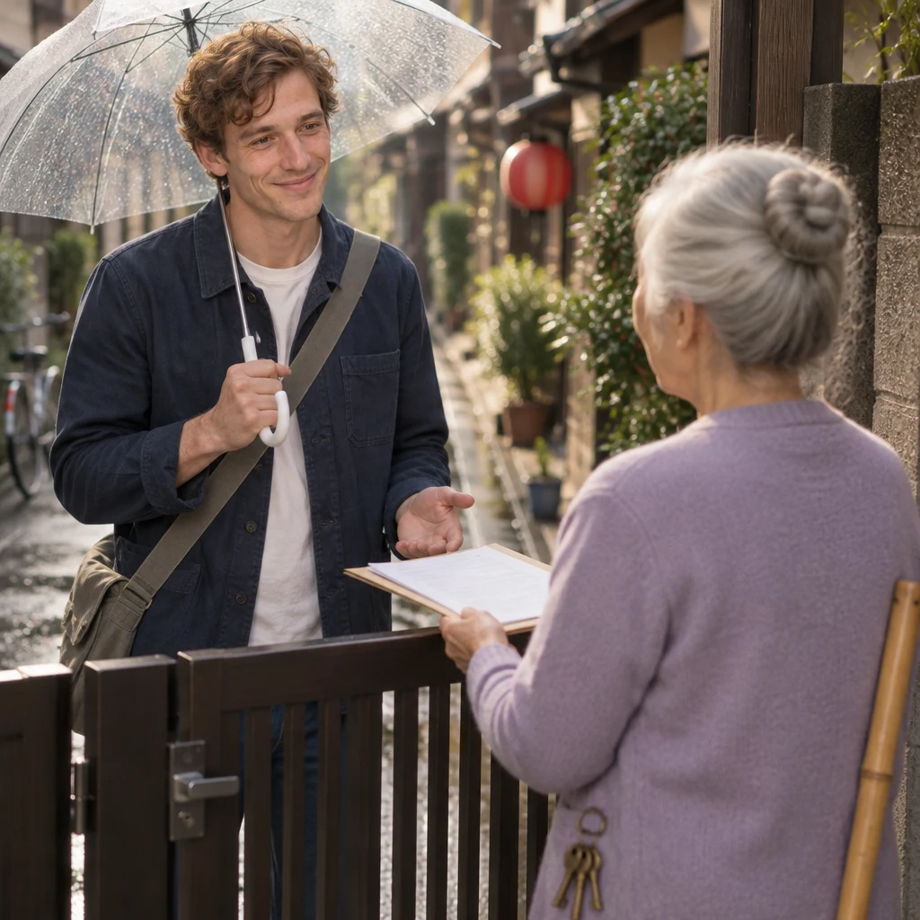Leo politely asks to renew while Ono-san holds the paperwork across the gate.