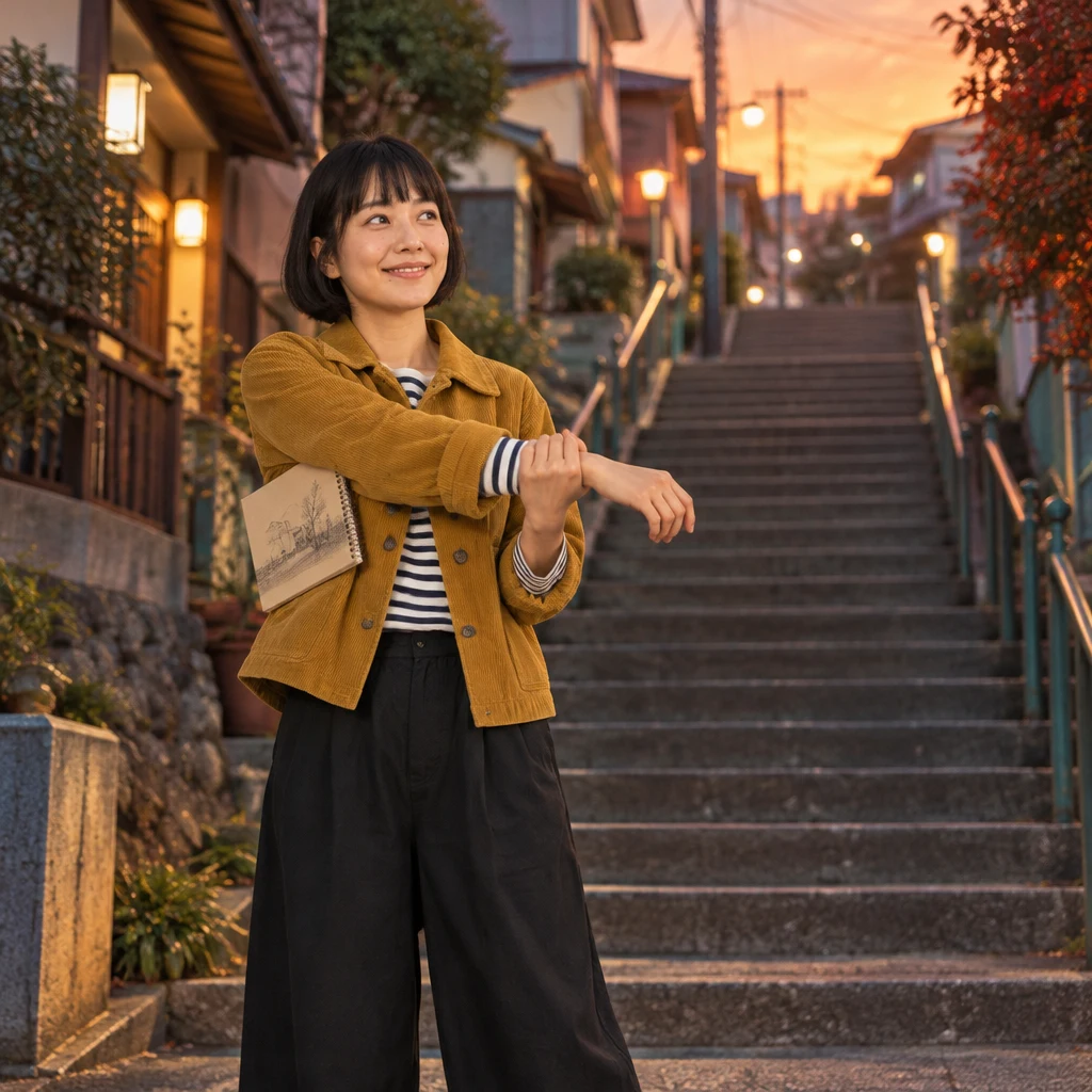Haruka arrives at the Yanaka sunset stairs and begins a stretch.